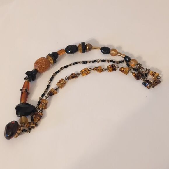 750 Vintage Made in Japan Amber Brown Glass and Gold Beaded Cuff Bracelet - Picture 3 of 5